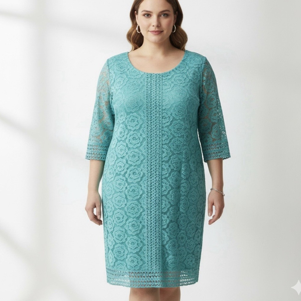 Catherines Teal‎ Green Crochet Lace 3/4 Sleeve Knee Length Dress Size 4X